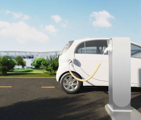 生态电动汽车充电站近距离逼真3d车辆