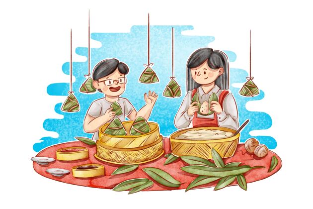 家庭吃粽子手绘水彩龙舟一家准备吃粽子插画水彩画龙舟赛中国