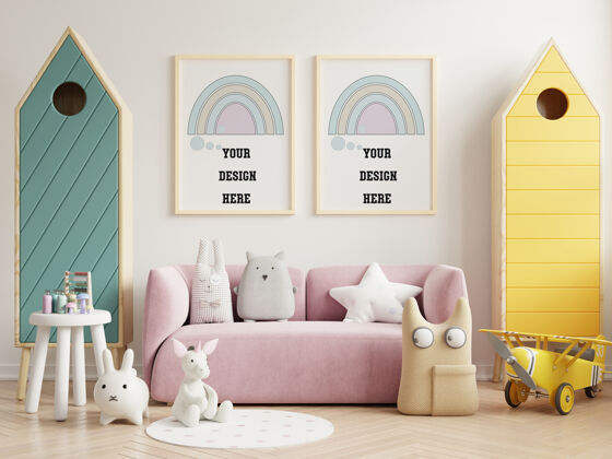 房子模型海报在儿童房内部 海报上的空白白墙 三维渲染空白房间室内