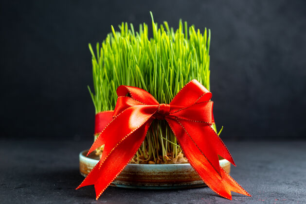礼品前视图绿色假日塞门尼与红色蝴蝶结在黑暗的表面庆典丝带Novruz