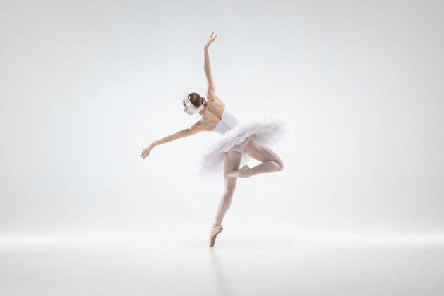 体操优雅的经典芭蕾舞演员在白色的工作室背景下跳舞穿着柔软衣服的女人像一只白天鹅优雅 艺术家 运动 动作和运动的概念看起来没有重量运动情侣艺术家
