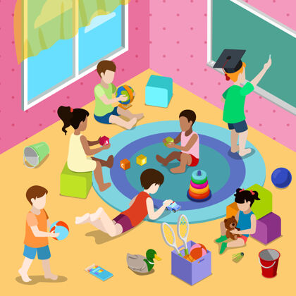 熊平面等距插图 儿童在游戏学校或日托中心室内玩耍信息玩具房间