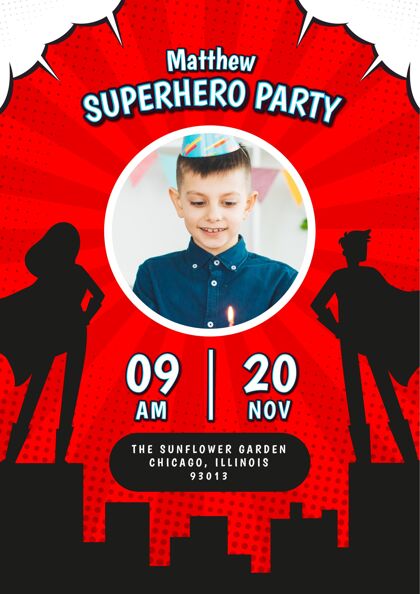 超级英雄平面超级英雄生日邀请与照片模板生日请柬模板孩子生日派对生日纪念日