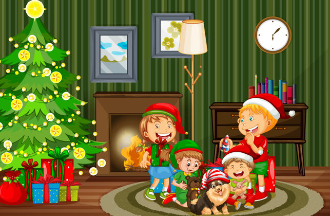 场景圣诞室内场景有很多孩子和可爱的狗树聚会搞笑