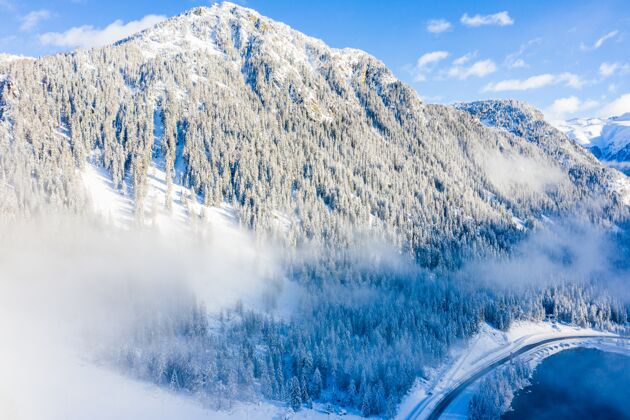 景白天被白雪覆盖的森林山脉的壮丽景色景谷天
