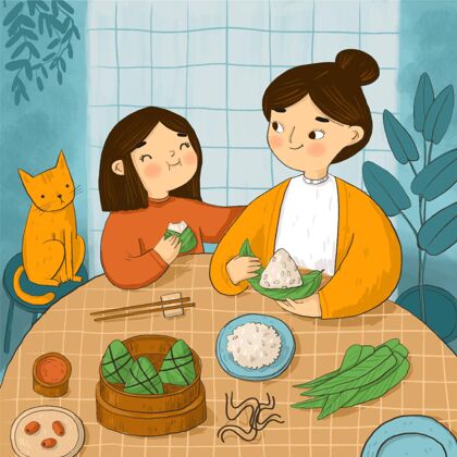6月14日手绘水彩龙舟一家准备吃粽子插画船端午节家庭吃粽子