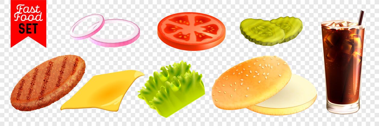 黄瓜在透明背景上设置的快餐现实孤立的插图芝士汉堡西红柿芥末