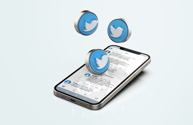 电话推特上的银色手机模型与三维图标网络按钮个人资料