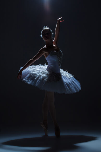 姿势芭蕾舞演员的剪影在达克背景上扮演白天鹅的角色锻炼女孩当代