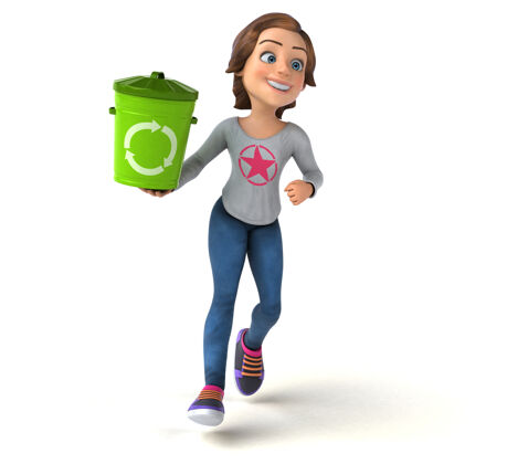 回收有趣的三维卡通少女与垃圾桶插图卡通垃圾年轻人