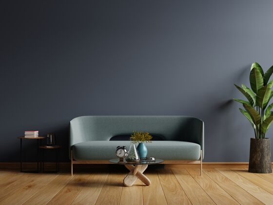 房间室内光线明亮 沙发放在空的深蓝色墙上 3d效果图室内日出客厅