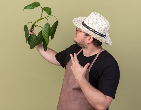男年轻的男园丁戴着园艺帽 高兴地指着隔离在橄榄绿墙上的植物园艺穿请