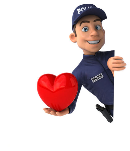 心脏有趣的卡通警察三维插图角色3d警察