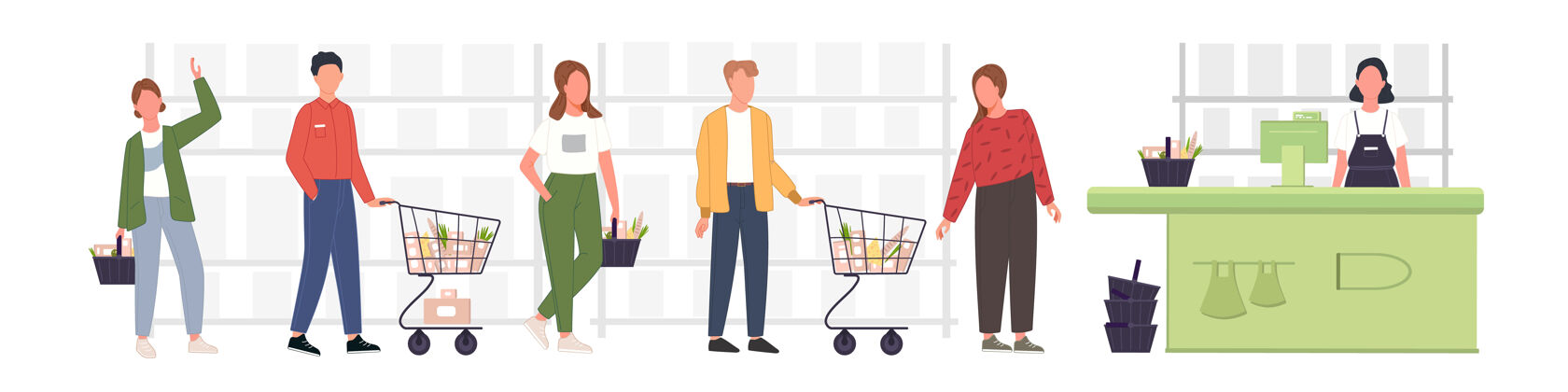 购物者人们在杂货店排队等候男人和女人在零售店或超市等候出纳超市购物车
