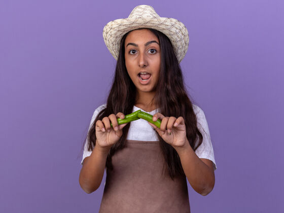 站年轻的园丁女孩围着围裙 戴着夏天的帽子 手里拿着破了的青椒 站在紫色的墙上 既惊讶又惊讶年轻辣椒辣椒