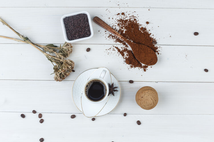 质地顶视图咖啡杯研磨咖啡 咖啡豆 干香草 香料香草麻袋浓缩咖啡