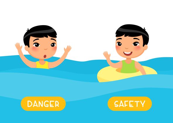 外国对立概念安全和危险闪卡与反义词儿童模板安全水休闲