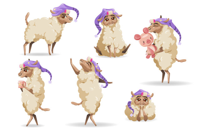 套装可爱的绵羊角色集姿势卡通羔羊