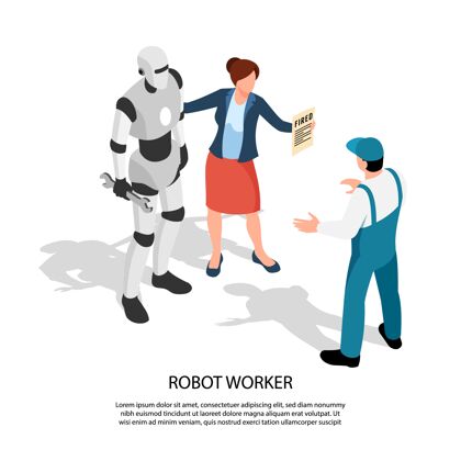 替换机器人工人和女经理向解雇工人示意等轴测工人机器人