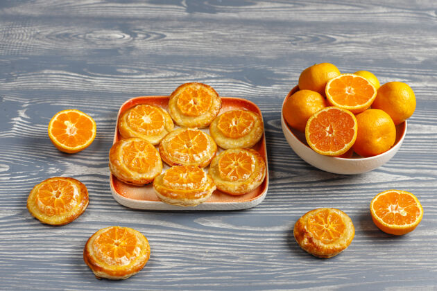 派自制蜜橘酥皮顶视图烹饪健康