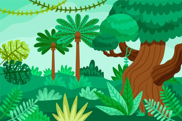 多彩卡通丛林背景？植被茂盛平面设计卡通丛林背景