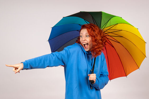 保护白色墙壁上带着彩色伞的年轻女性的正视图天气五颜六色阳伞
