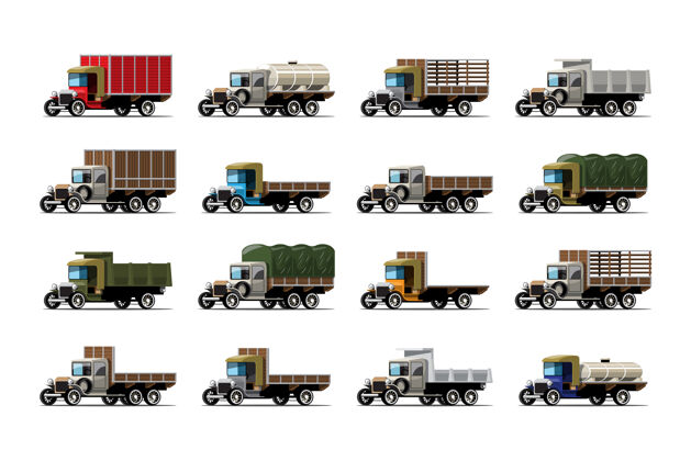 图纸一套12辆卡车和坦克 白色上有不同的古董设计复兴交通汽车