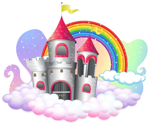 背景云上有彩虹的城堡隔离在白色的背景上魔术多彩幻想