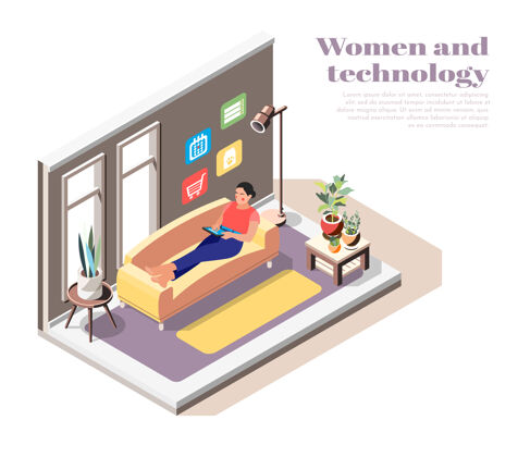 谎言女性与科技等距构图 现代年轻女性躺在沙发上 手里拿着平板电脑 使用互联网年轻等长女人