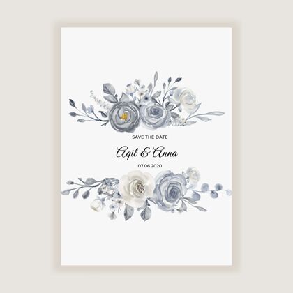 花卉优雅的水彩结婚卡与海军蓝和白色的花朵树叶保存日期婚礼请柬