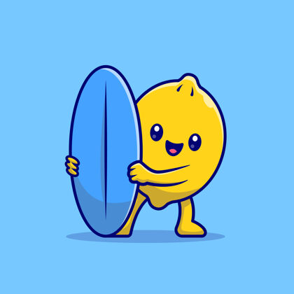 柠檬可爱的柠檬冲浪冲浪板卡通图标插图食品节日图标概念隔离平面卡通风格水果卡通人物食物