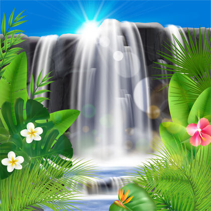 风景真实的热带瀑布与树叶和鲜花插图花异国情调热带
