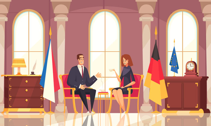 谈判总统咖啡对话平面组成与办公室内部谈判与外国外交代表国旗国旗国家外国