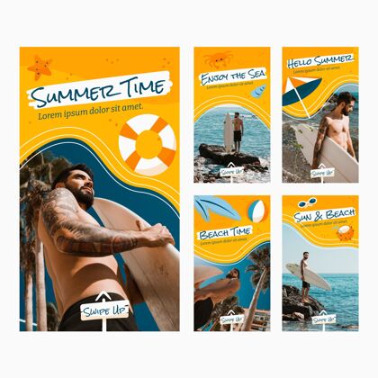 社交媒体模板手绘夏季instagram故事集与照片夏季社交媒体故事收藏