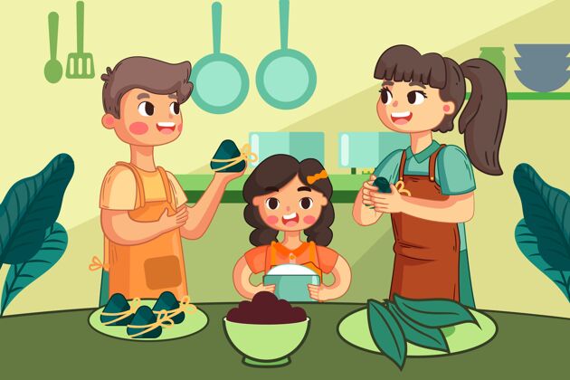 赛龙舟手绘龙舟一家准备吃粽子插画端午米饭家庭吃粽子