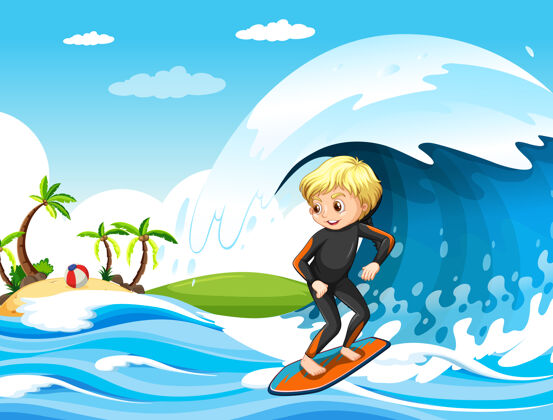 女孩大海浪在海洋场景与男孩站在冲浪板上夏天空白温暖