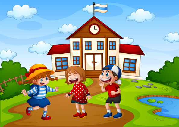 建筑三个孩子在大自然的场景与学校建设人花园环境