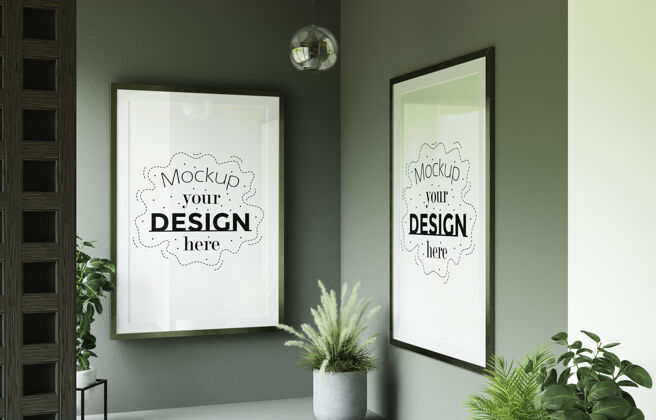 生活海报框架模型在墙上与植物墙室内家具