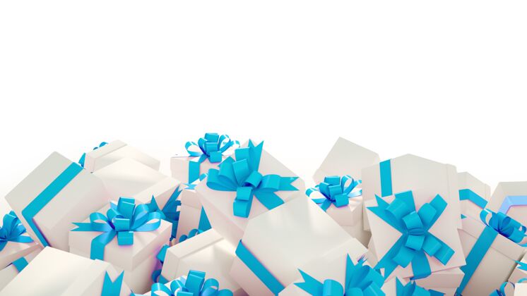 礼物一堆白色的礼品盒与蓝色丝带上白色的背景文字复制空间惊喜包装圣诞节