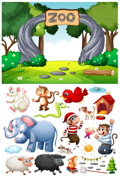 树动物园场景与孤立的卡通人物和物体黑猩猩动物婴儿