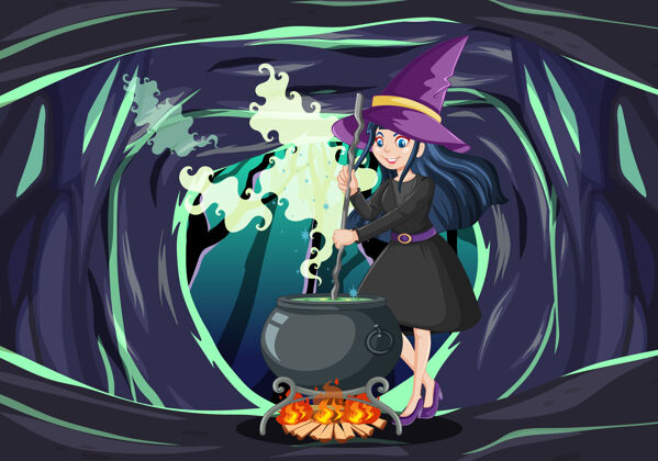 戏法巫师或女巫在黑暗的洞穴背景上用魔法壶黑暗魔术仪器