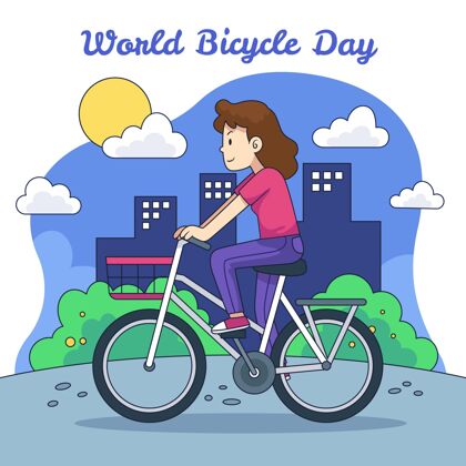 自行车手绘世界自行车日插图环保骑自行车清洁