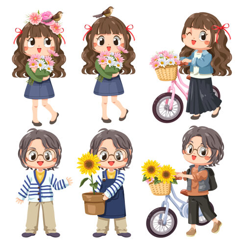自行车Childrem集6位女孩还拥有一辆自行车和鲜花 微笑和快乐的女孩春天的概念花植物开花