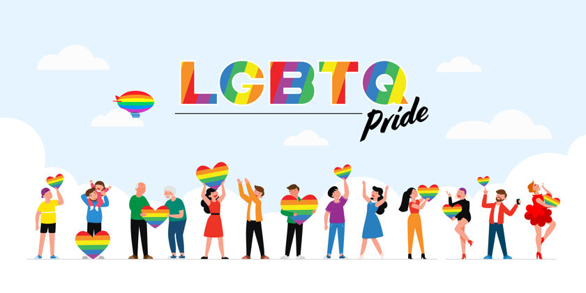 自由在反暴力自豪月庆祝活动中 人们手持同性恋彩虹和变性人旗帜卡通同性恋角色