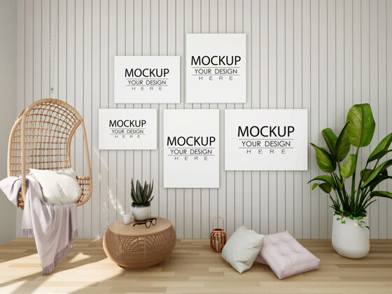 房子海报框架模型在墙上与植物花卉现代室内生活