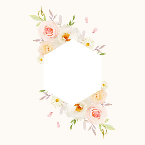 水彩美丽的花卉框架与水彩粉红玫瑰和白色牡丹绿色花卉乡村