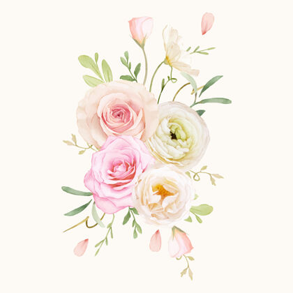 花束玫瑰和毛茛的水彩花束水彩花朵优雅