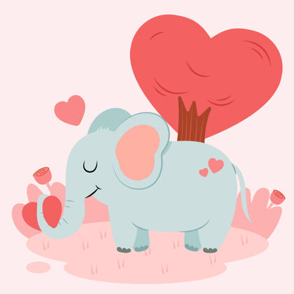 颜色可爱的大象在自然界与心脏和树木在心脏形状快乐卡通微笑