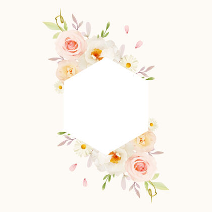 水彩美丽的花卉框架与水彩粉红玫瑰和白色牡丹绿色花卉乡村