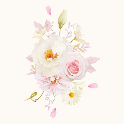 乡村粉色玫瑰 大丽花和白色牡丹的水彩花束玫瑰花朵绿色